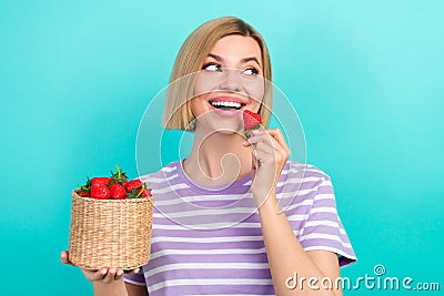 Portrait of adorable satisfied woman stylish t-shirt hold basket with strawberry look empty space isolated on teal color Stock Photo