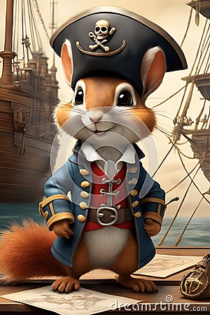 Portrait adorable squirrel dress like a pirate with pirate ship at the background, fairy tale, cinematic Stock Photo