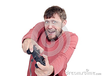 Portrait of adult bearded man holding joystick and playing videogames, isolated on white background Stock Photo