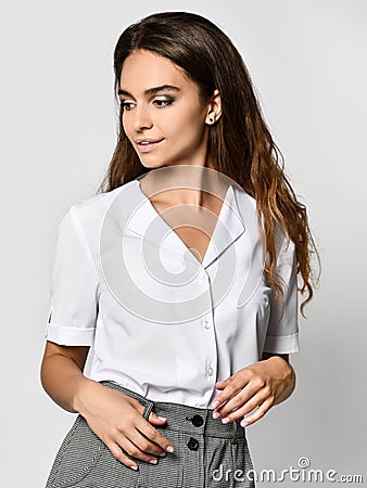 Portrait of adult office girl white shirt relax and smile Stock Photo