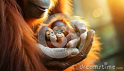 Portrait of an Adult and Two Baby Orangutans - Generative Ai Stock Photo