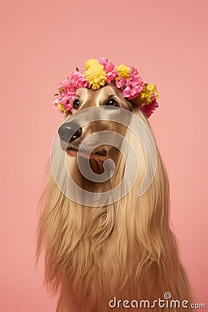 Portrait of an afghanistan hound, with flower wreath on head. Pets, decoration. Cartoon Illustration