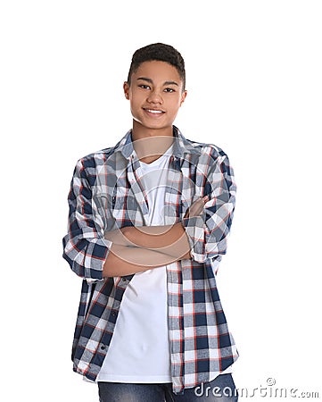 Portrait of African-American teenage boy on white Stock Photo