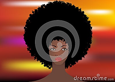 Portrait African Women , dark skin female face with beautiful traditional black hair afro, colorful sunset background, hairstyle Vector Illustration