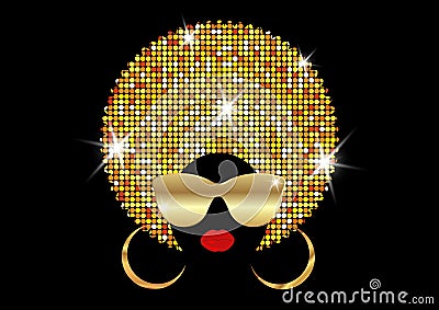 Portrait African Women , dark skin female face with shiny hair afro and gold metal sunglasses in traditional ethnic golden turban Vector Illustration