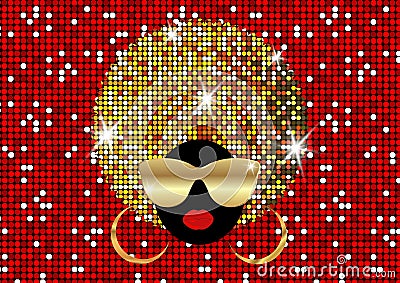 Portrait African Women , dark skin female face with shiny hair afro and gold metal sunglasses in traditional ethnic golden turban Vector Illustration