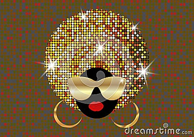 Portrait African Women , dark skin female face with shiny hair afro and gold metal sunglasses in traditional ethnic golden turban Vector Illustration