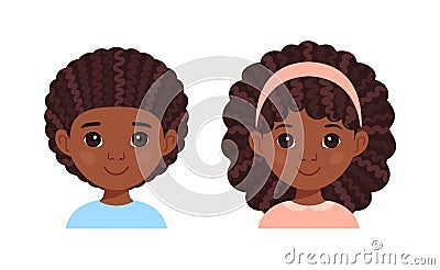 Portrait of Afro Cute Boy and Black Beautiful Girl. Children with Curly Hair. Preschoolers and Kindergarten Kids are Smiling. Vector Illustration