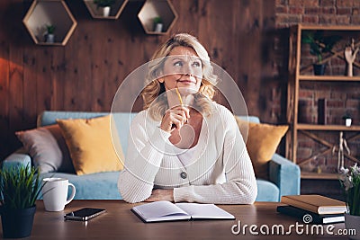 Portrait of aged lady hold pen contemplate decide wear white cardigan loft interior house indoors Stock Photo