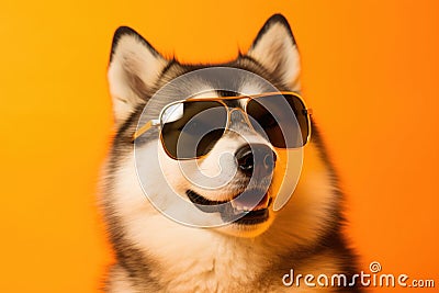 Portrait Alaskan Malamute Dog With Sunglasses Orange Background Advantages Of Alaskan Malamute, Cute Stock Photo