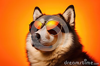 Portrait Alaskan Malamute Dog With Sunglasses Orange Background Advantages Of Alaskan Malamute, Cute Stock Photo