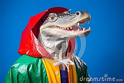 Portrait of an alligator or crocodile wearing a raincoat and an umbrella in studio, colorful background. Autumn concept. Stock Photo