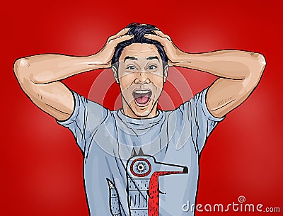 Portrait of amazed asian man says wow with open mouth to see something unexpected. Shocked guy with surprised expression Stock Photo