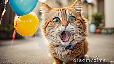 Portrait amazed cute cat comedian balloon funny cartoon animal eyes surprise Stock Photo