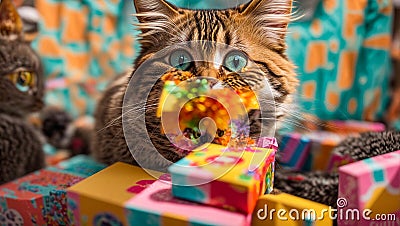 Portrait amazed cute cat, gift box creative emotions amazement excitement madness Stock Photo