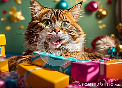 Portrait amazed cute cat, gift box creative look emotions amazement excitement madness Stock Photo