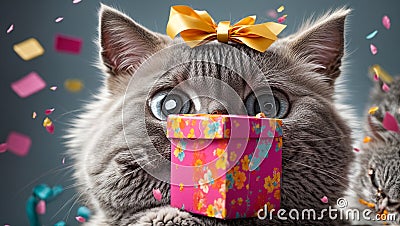 Portrait amazed cute cat, gift box creative emotions amazement excitement Stock Photo