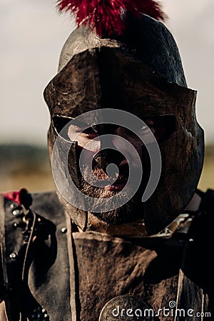 Portrait of ancient Spartan warrior in battle dress Stock Photo