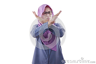 Angry Muslim Woman Shows Stop Sign Crossed Arms gesture Stock Photo
