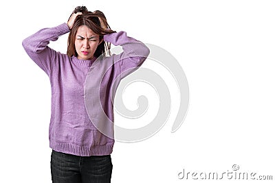 Portrait of angry cute asian woman standing and pulling her hair isolated on white background with purple clothes , With Stock Photo