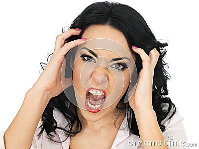Portrait of a Angry Frustrated Young Hispanic Woman Screaming and Shouting Stock Photo