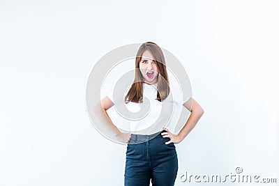 Portrait of angry pensive crazy stress beautiful young caucasian woman looking at camera and screaming out isolated on white backg Stock Photo