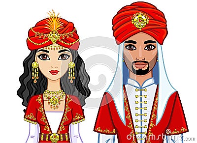Portrait of an animation Arab family in ancient clothes. Vector Illustration