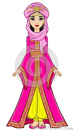 Portrait of the animation Arab princess in ancient suit. Vector Illustration