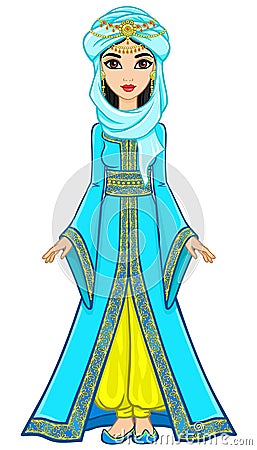 Portrait of the animation Arab princess in ancient suit. Vector Illustration