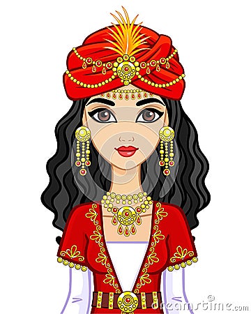 Portrait of the animation Arab princess in ancient suit. Vector Illustration