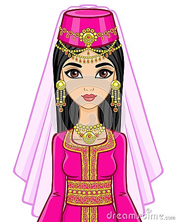 Portrait of the animation Arab princess in ancient suit. Vector Illustration