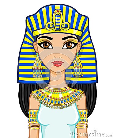 Portrait of the animation Egyptian princess in gold jewelry. Queen Cleopatra. Vector Illustration