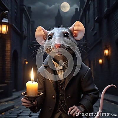 portrait of an anthropomorphic mouse holding a candle-lit candle holder, walking down a dark street at night. Dark illustration of Cartoon Illustration