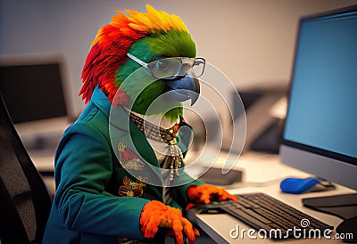 Portrait of an anthropomorphic parrot as a developer in the office. Generate Ai. Stock Photo