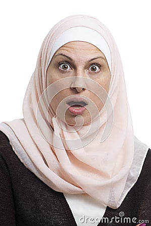 Portrait of Arab Muslim Woman Surprised Stock Photo