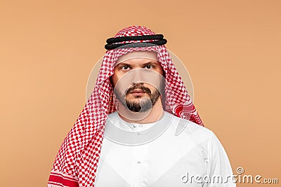 Portrait of Arabs men in national clothes. Dishdasha, kandora, thobe, islam. Copy space Stock Photo