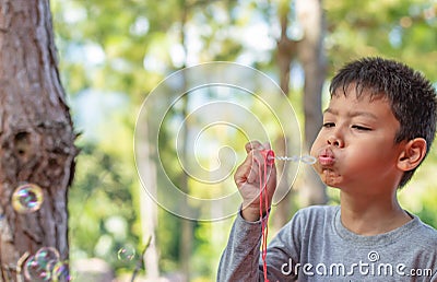 Portrait asia boy blowing bubbles in garden Stock Photo