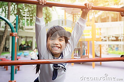 Portrait asia children feeling happy children's playground at outdoor public park for Stock Photo