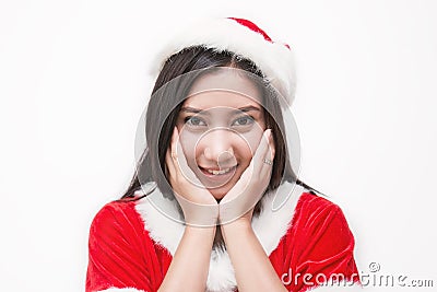 Portrait of asian beautiful woman wearing santa custume holding the paper Stock Photo