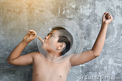 Portrait Asian fat boy concept healthy and lose weight Stock Photo