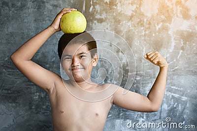 Portrait Asian fat boy concept healthy and lose weight Stock Photo