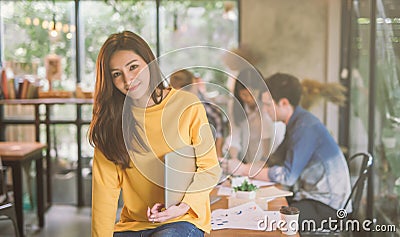 Portrait of asian female working team coworking office ,Smiling of happy beautif.ul woman in modern office Stock Photo