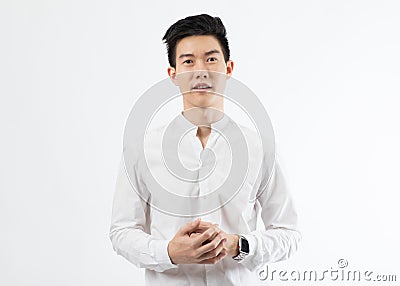 Portrait of Asian man Thai-Chinese mixed race with smile face poses with self-confidence folded arms looking to camera Stock Photo