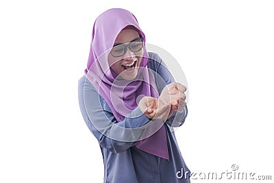 Muslim Woman Shows Copy Space Empty Palm Presenting Something Stock Photo