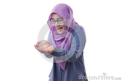 Muslim Woman Shows Copy Space Empty Palm Presenting Something Stock Photo