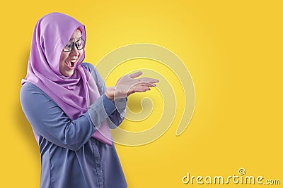 Muslim Woman Shows Copy Space Empty Palm Presenting Something Stock Photo