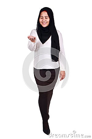 Muslim Woman Shows Copy Space Empty Palm Presenting Something Stock Photo