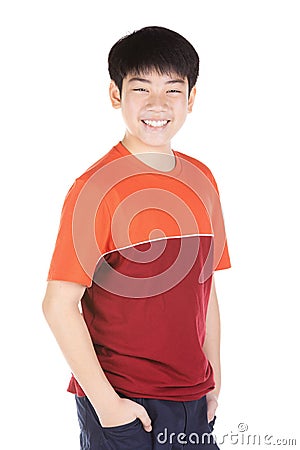 Portrait of asian smiling teen boy. Medium shot of handsome guy Stock Photo