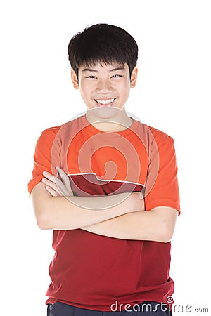 Portrait of asian smiling teen boy. Medium shot of handsome guy Stock Photo