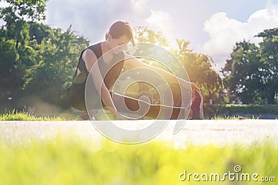 Portrait Asian women of fit and sporty doing stretching for exercise Stock Photo